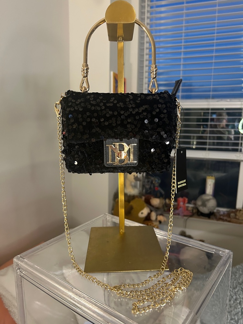 Badgley Mischka Black Sequin Mini Bag with Gold Chain & Top Handle 5”x 6.5” NWT